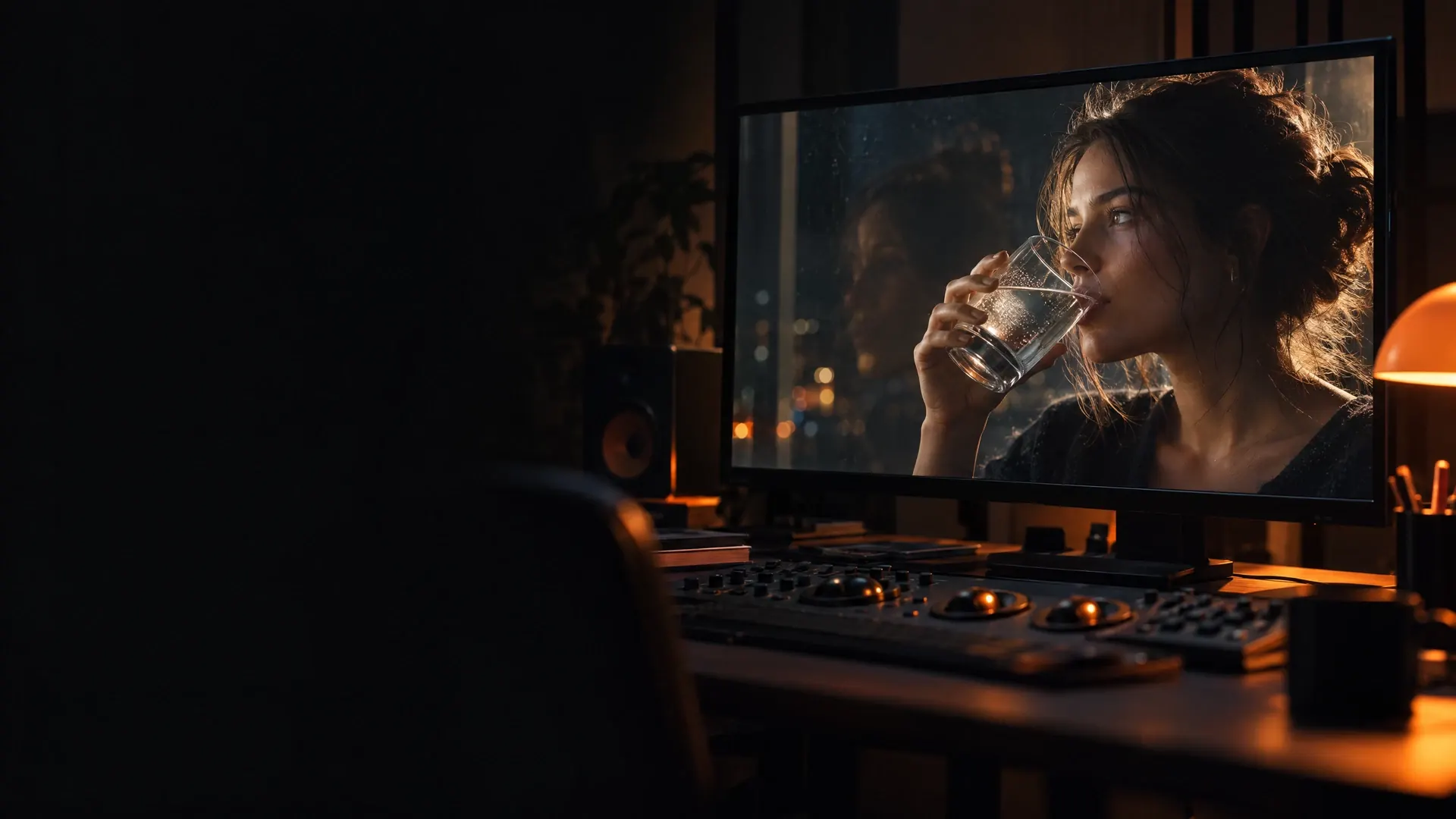 An editing desk in a dark studio; the monitor shows a woman drinking from a glass, her reflection in the rainy window behind her.