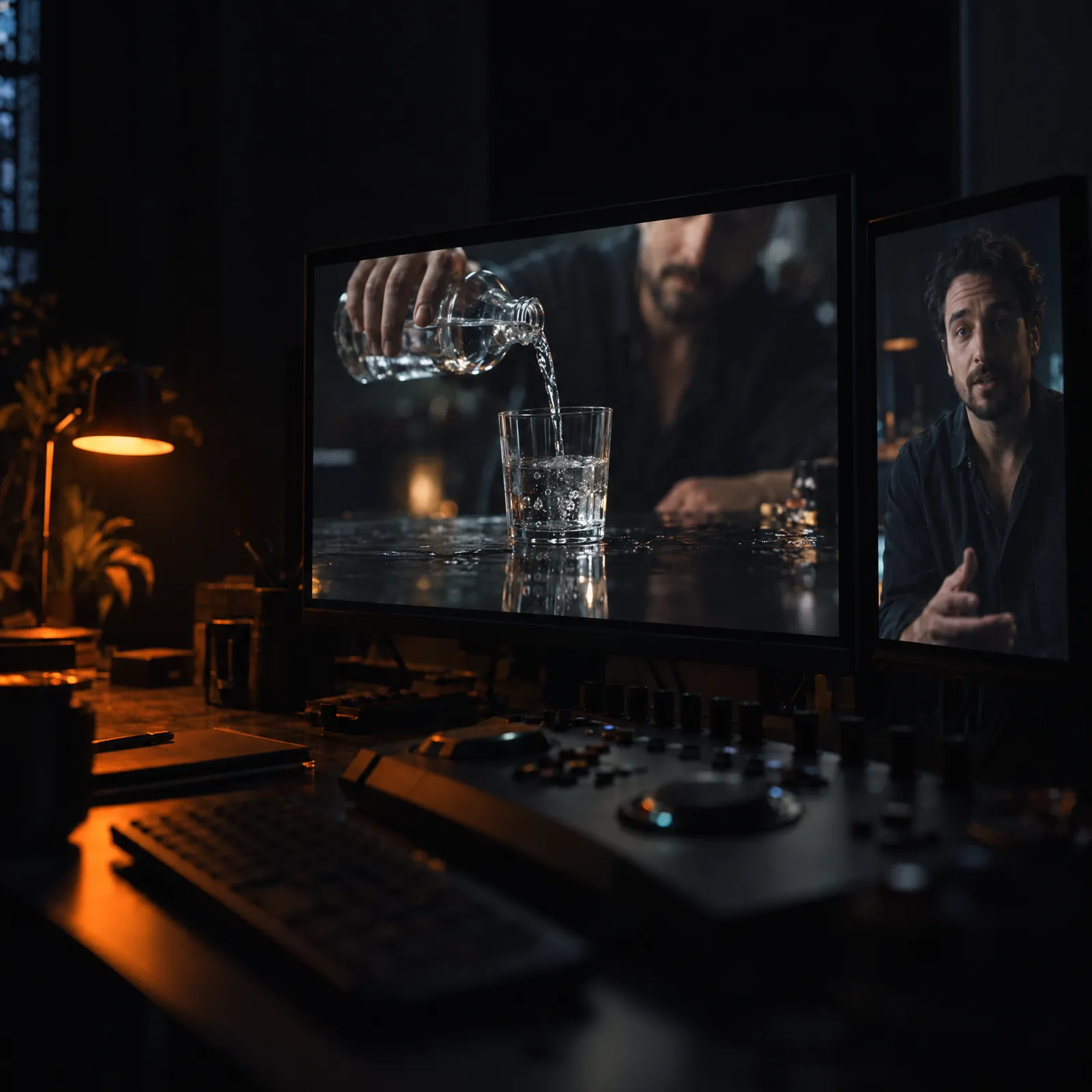 A dark edit suite: one monitor shows water being poured into a glass, the second a presenter speaking to camera.