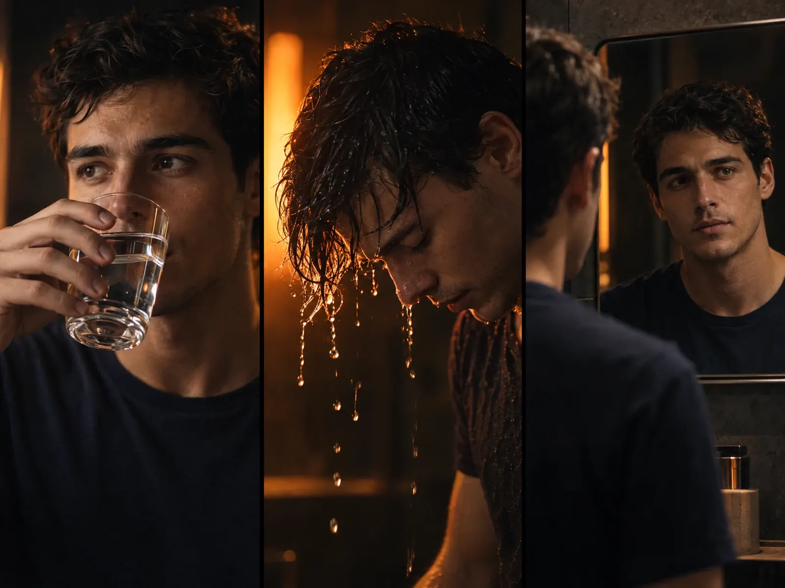 Three frames of the same man: drinking from a glass, wet hair dripping with water, and his reflection in a mirror.